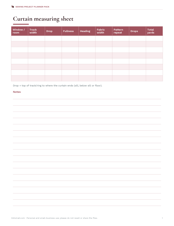 Preview of Printable Curtain Measuring Sheet