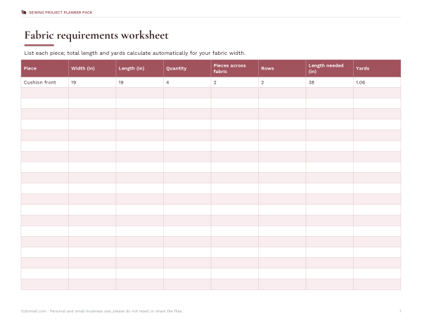 Preview of Printable Fabric Requirements Worksheet