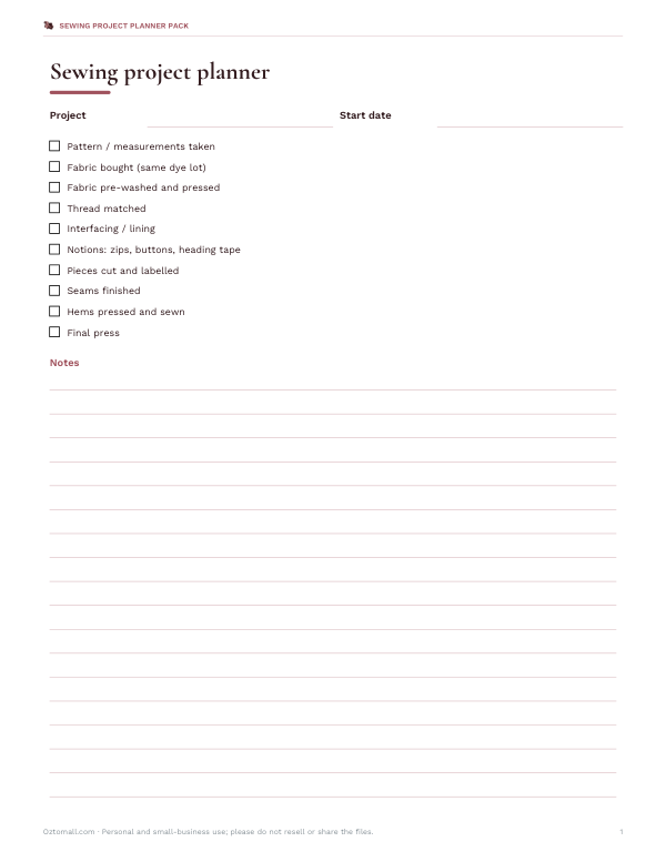 Preview of Printable Sewing Project Planner